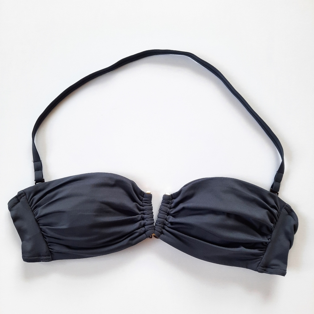 VS Beach Sexy V-front Dark Grey Strapless Bandeau Ruched Swim Bikini Top Small